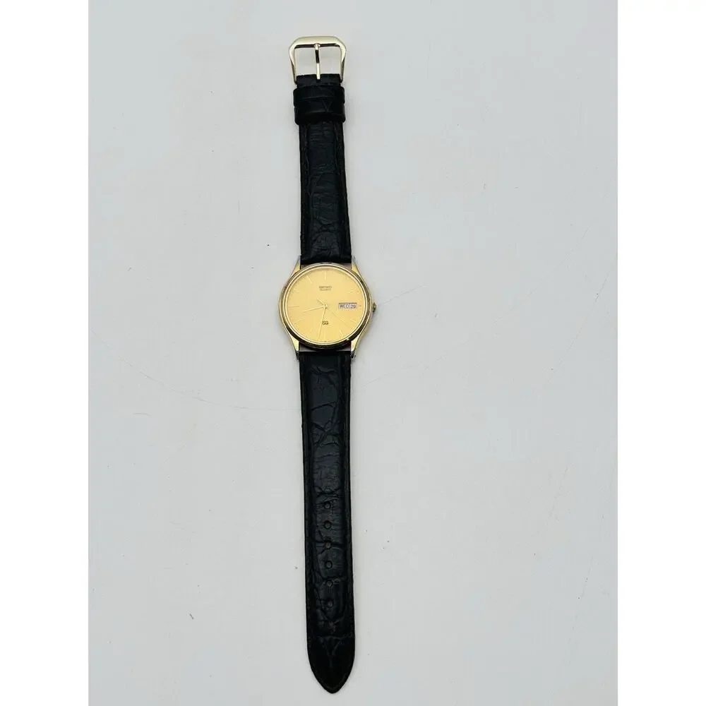 Seiko SQ Watch Men 33mm Gold Dial Gold Tone Daydate Round 5H23-7B09 New Battery